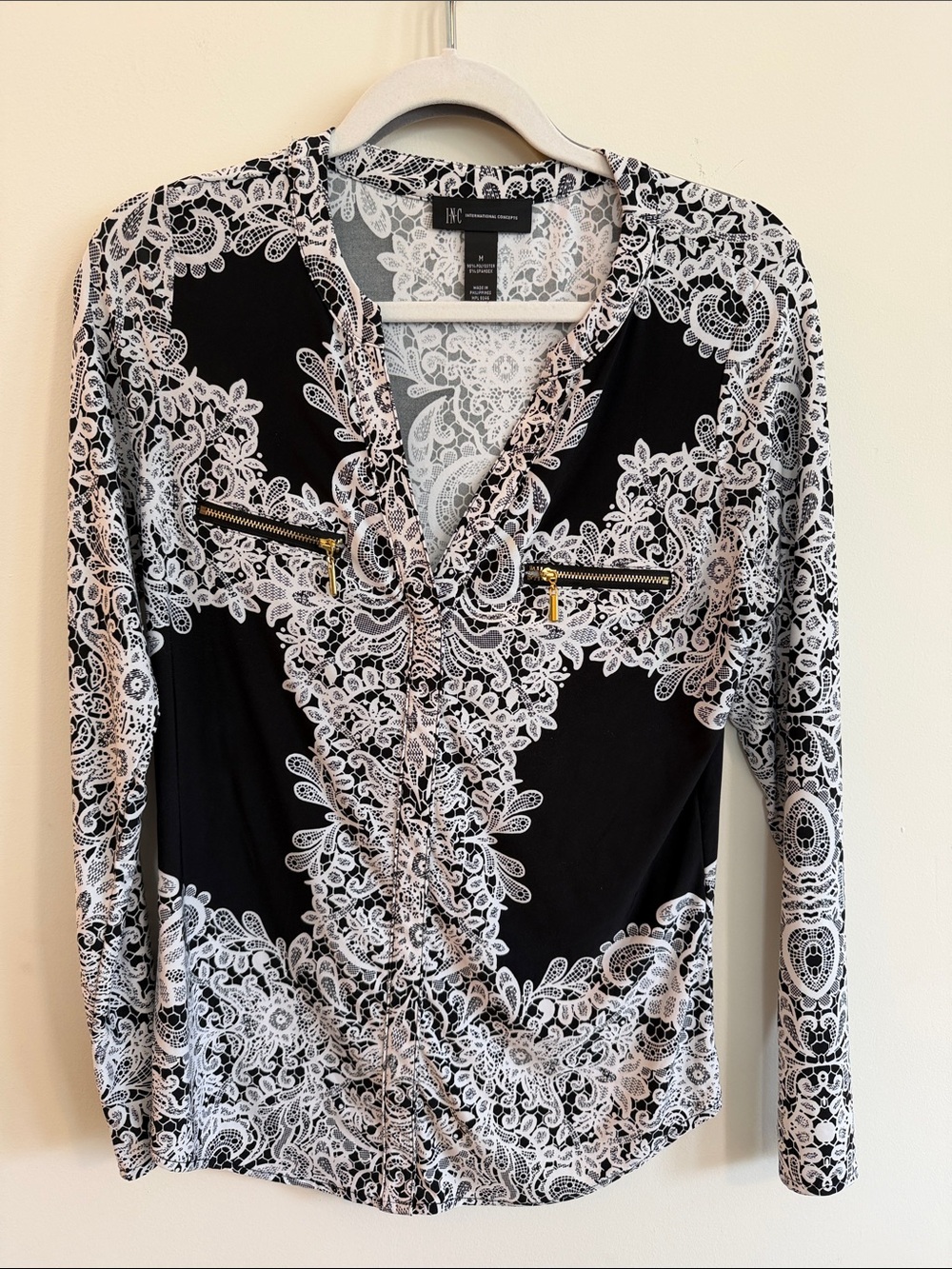 INC International Concepts Black and White Lace-Print Zip Front Top